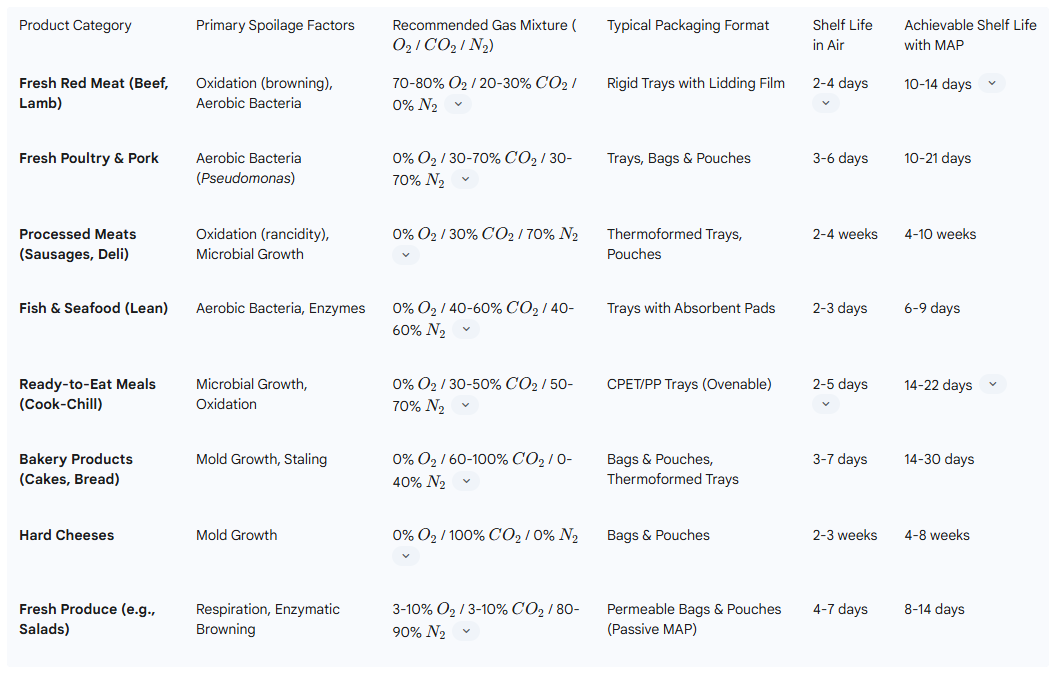 Recommended MAP Gas Mixtures and Expected Shelf-Life Extension by Product Category