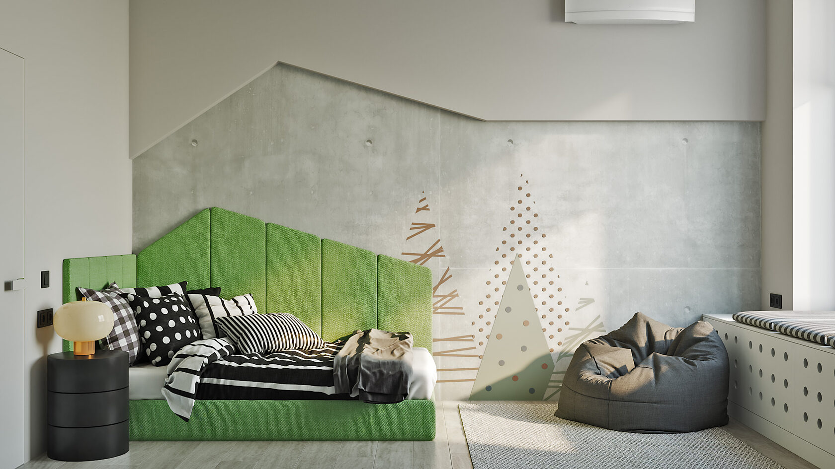 Aménagement chambre enfant créatif avec lit vert et mur béton décoré