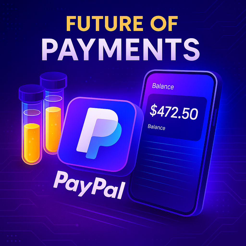 Futuristic illustration of PayPal high-risk payments with digital purple and blue tones, showing PayPal app, balance screen, and glowing vials representing restricted product categories.
