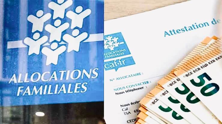 The logo of the CAF (Family Allowance Fund) in France with a form and 50 euro bills on the table
