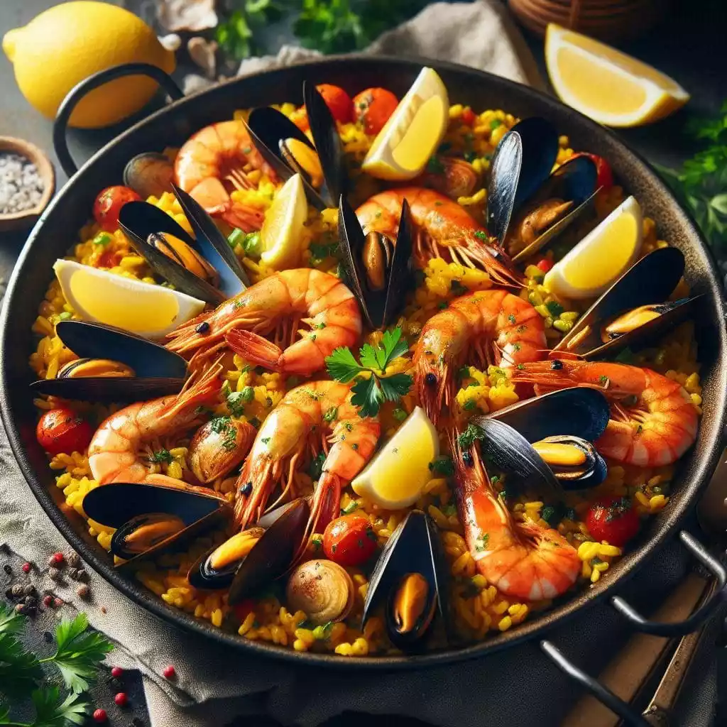 A mouthwatering seafood paella brimming with fresh prawns, mussels, and clams, served in a traditional pan—a must-try for anyone exploring Estepona's top dining spots.