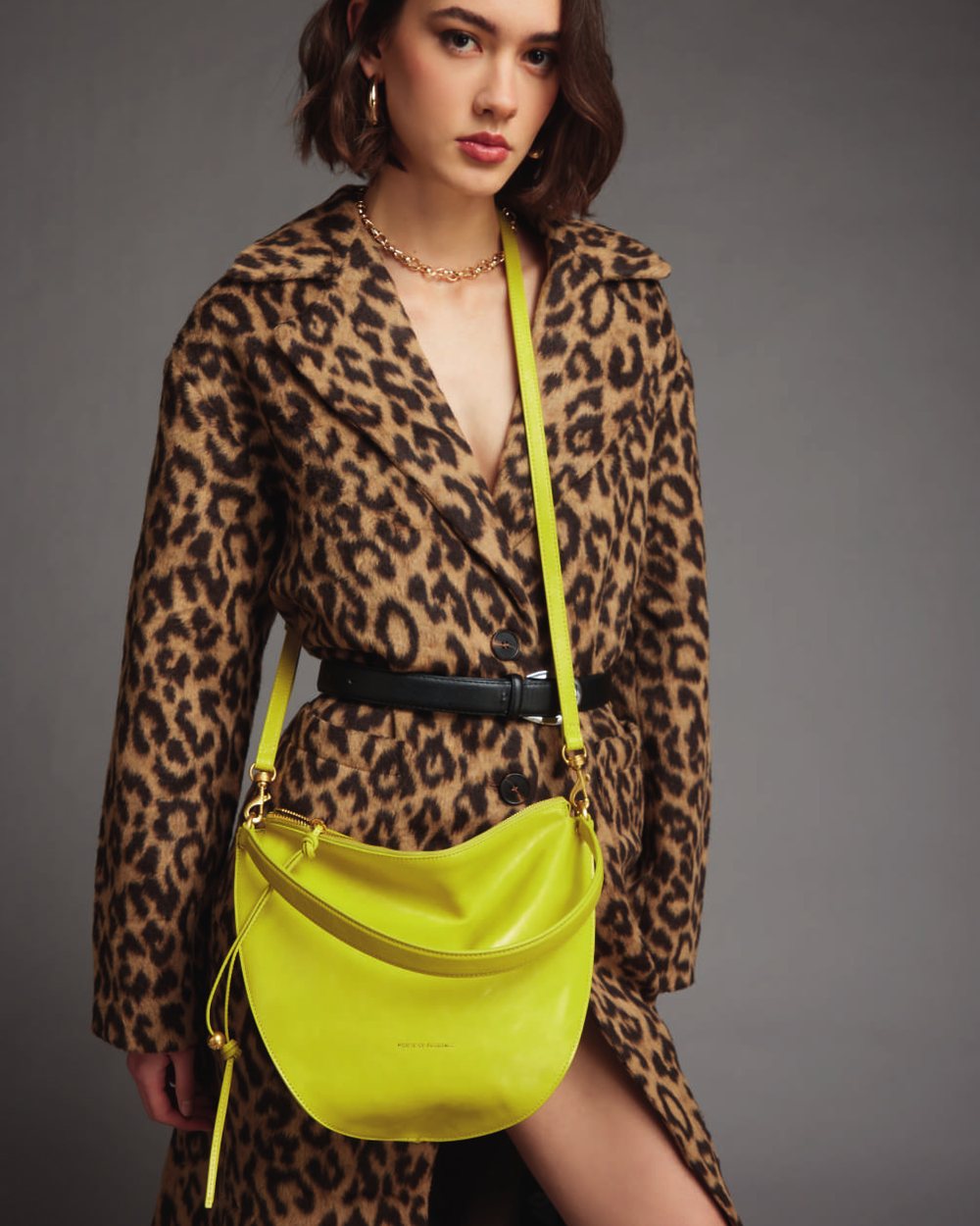 House of Florence Autumn-Winter 2026: lime leather hobo bag with leopard-print coat