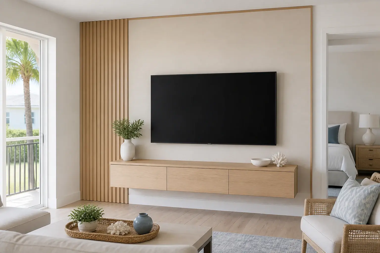 Modern TV feature wall with white oak slats and a floating console in a Sarasota home.