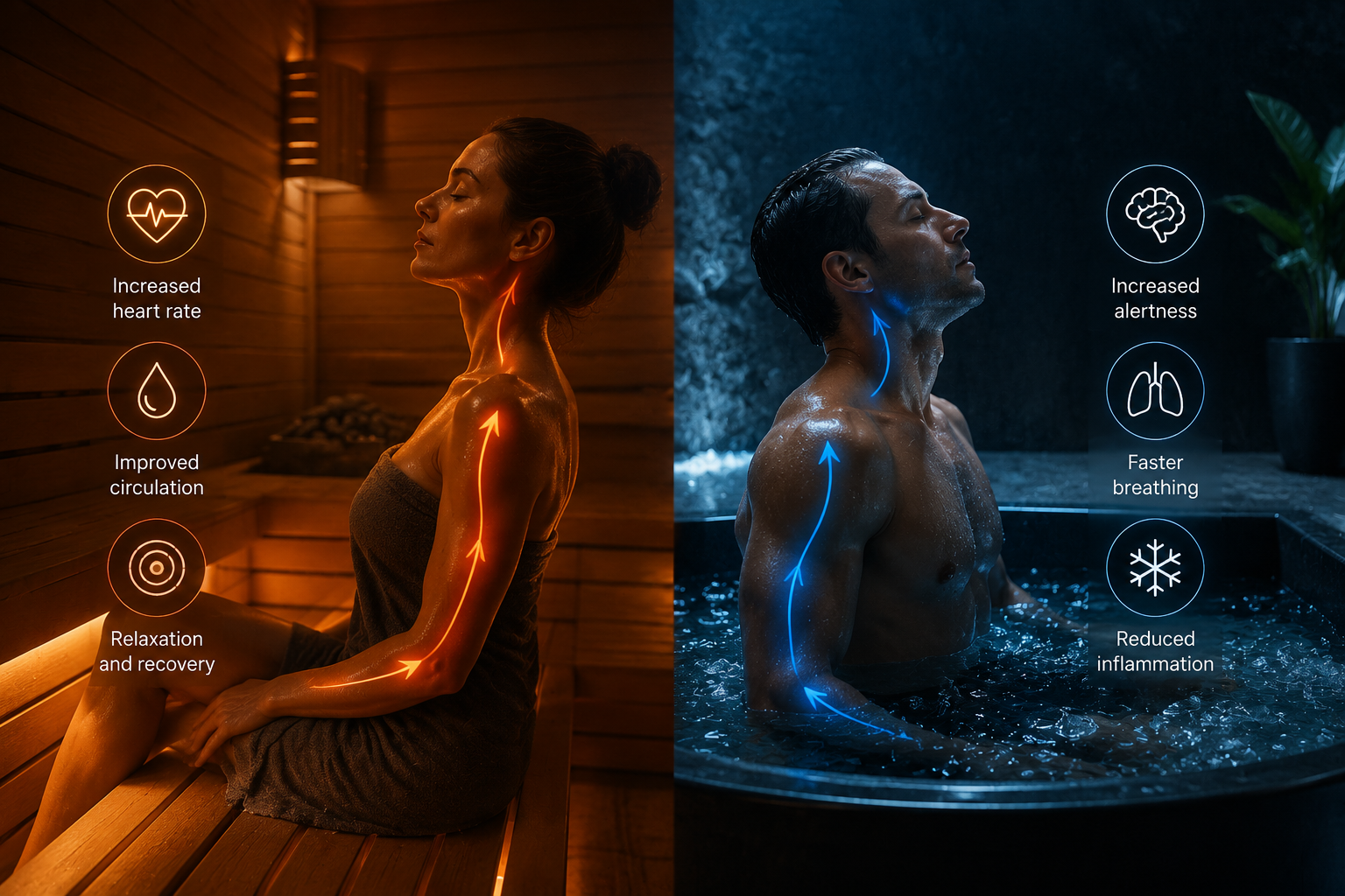  Infographic showing how sauna heat and cold-water immersion affect the body by improving circulation, activating the nervous system, increasing alertness and supporting muscle recovery.