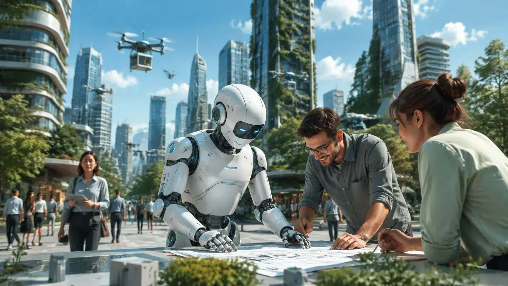 Humanoid robot working alongside people in a futuristic smart city in 2026