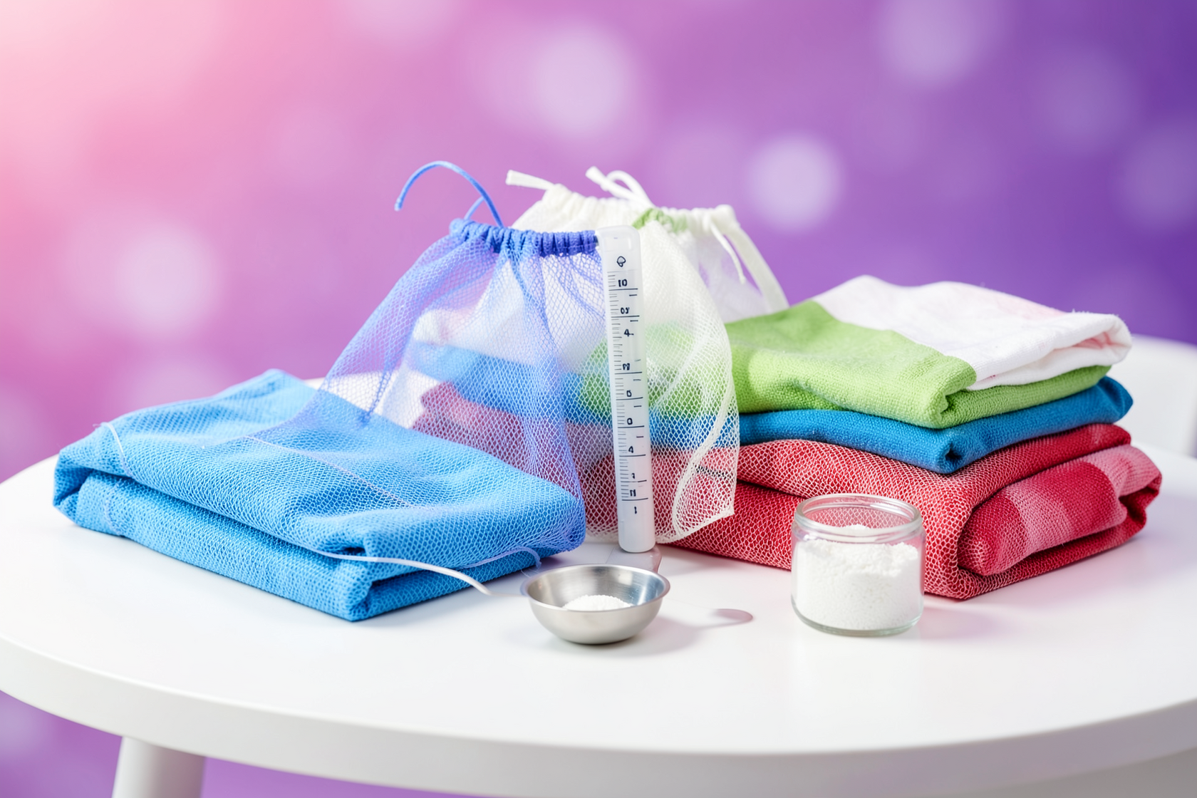 A neat laundry table with a measuring scoop, mesh laundry bags, folded clothes and a small container of washing powder granules, no brand names visible