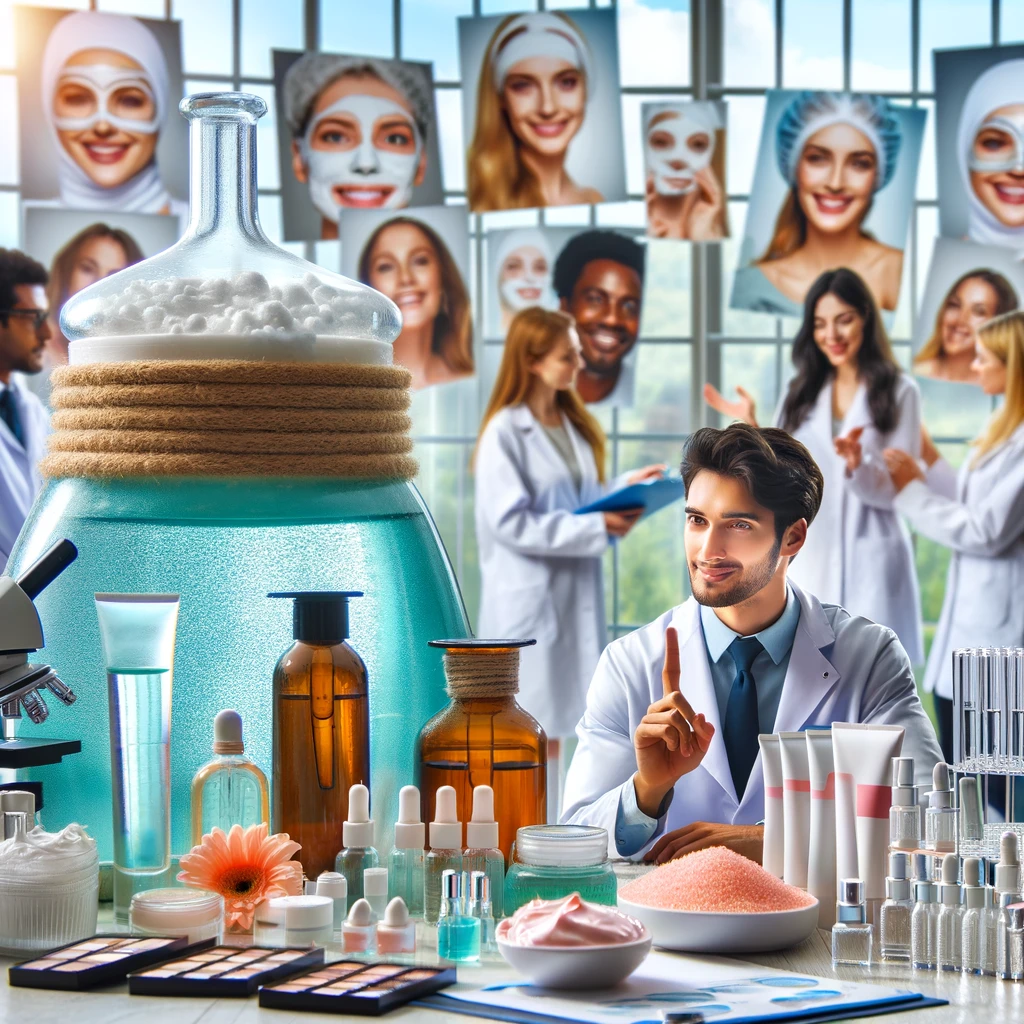 A scene in a cosmetic laboratory where technologists are testing a new face cream containing citric acid. The foreground features a variety of cosmetic products, including creams, masks, and scrubs, showcasing the wide use of citric acid. Marketing professionals are discussing the promotion strategy for these products, using their advantages and drawbacks as arguments. In the background, there are photos of happy customers on the wall, illustrating the successful application of the products. The focus is on the diverse cosmetic products with an emphasis on their composition containing citric acid, surrounded by technologists and marketing professionals in a lively, collaborative environment.