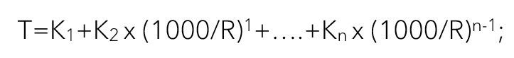 Калибровочная нелинейная функция термометра аппроксимирована с помощью полинома