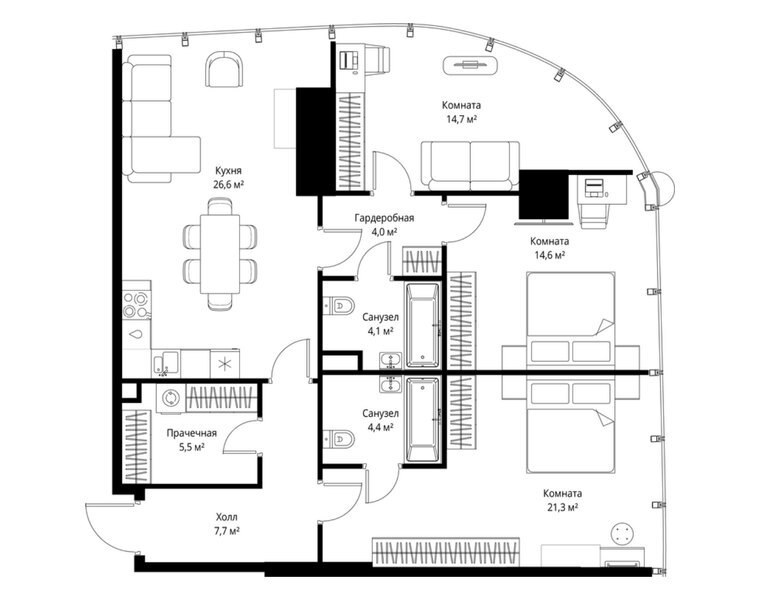 Планировка квартиры с 3 спальнями 102,9 м² в ЖК ONE: 37-й этаж