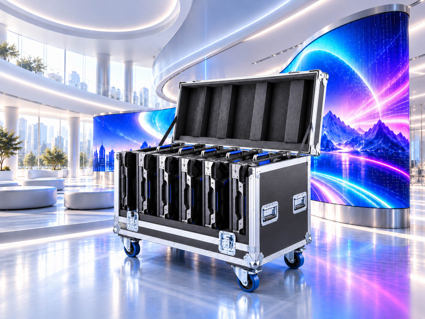 Система транспортировки AL-TCS-1-FT45 с LED-кабинетами мобильного LED-экрана на фоне интерьера выставочного пространства