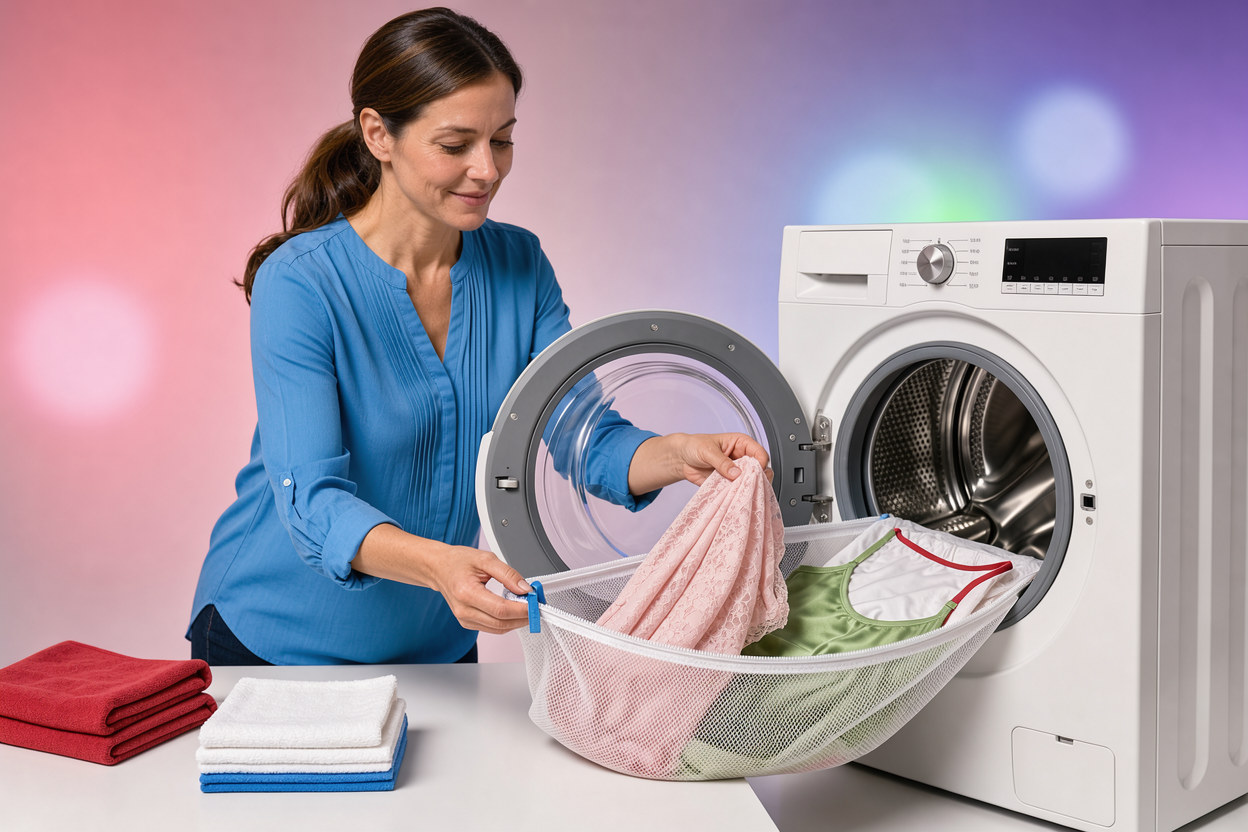 Carefully loading delicates into a laundry bag and placing them into a front-loading machine, showing gentle handling of delicate вещь without any specific cleaning product