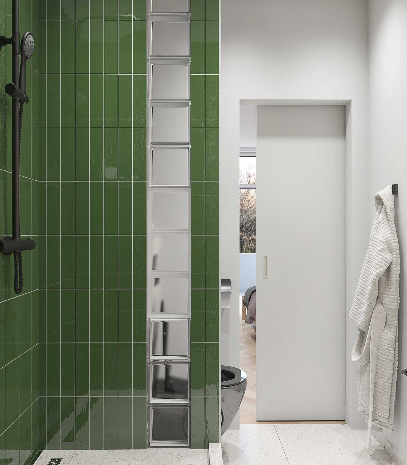 Раздвижная дверь в ванную комнату. Зеленая глянцевая прямоугольная плитка на стене.