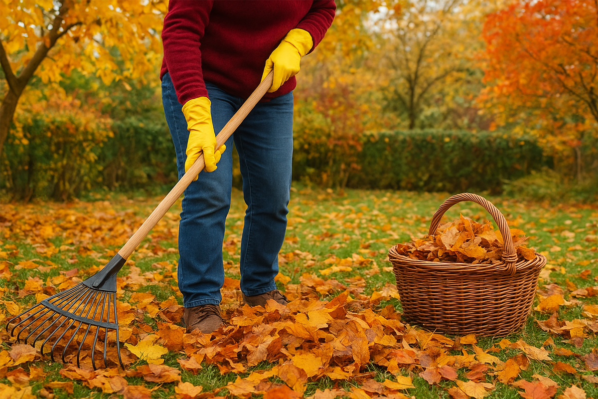 Уборка сухих листьев в саду осенью