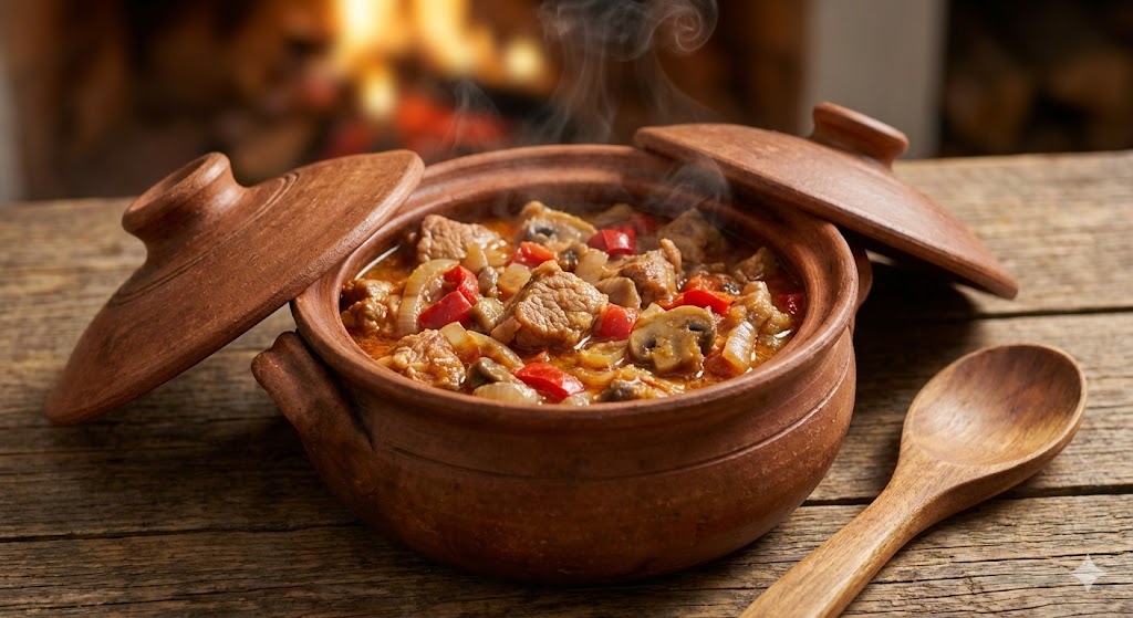 Традиционная болгарская каварма в глиняном горшочке