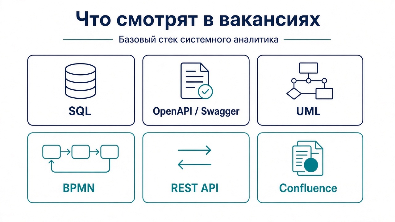 Базовый стек: SQL, OpenAPI, UML, BPMN, REST API, Confluence