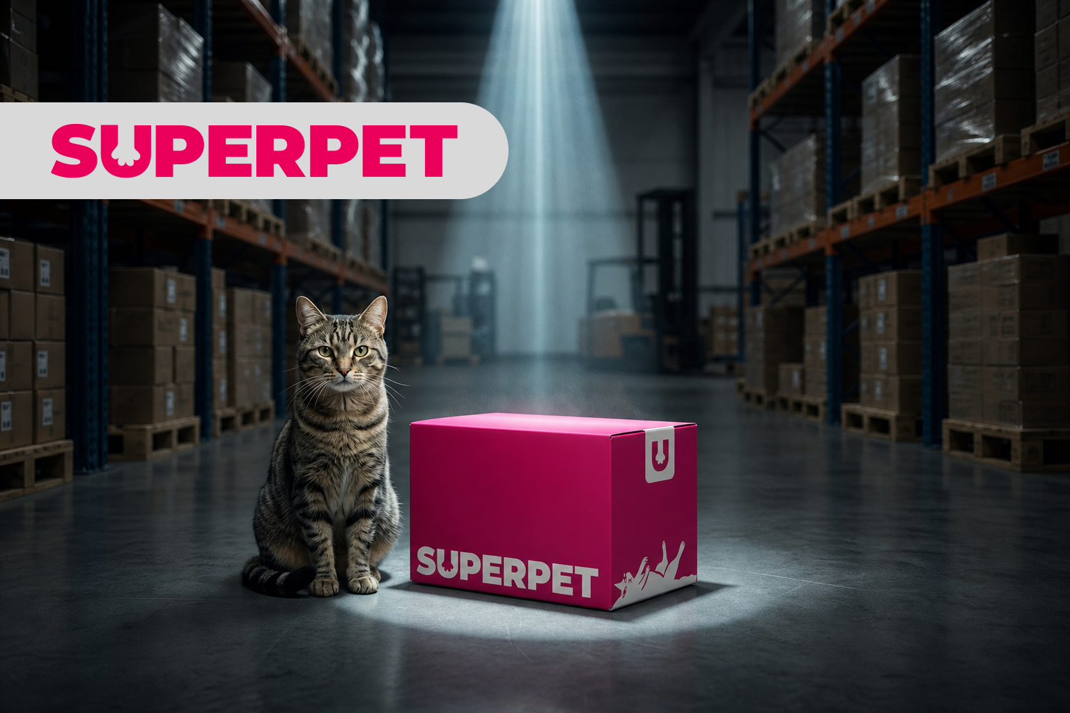 Кот рядом с коробкой Superpet на складе