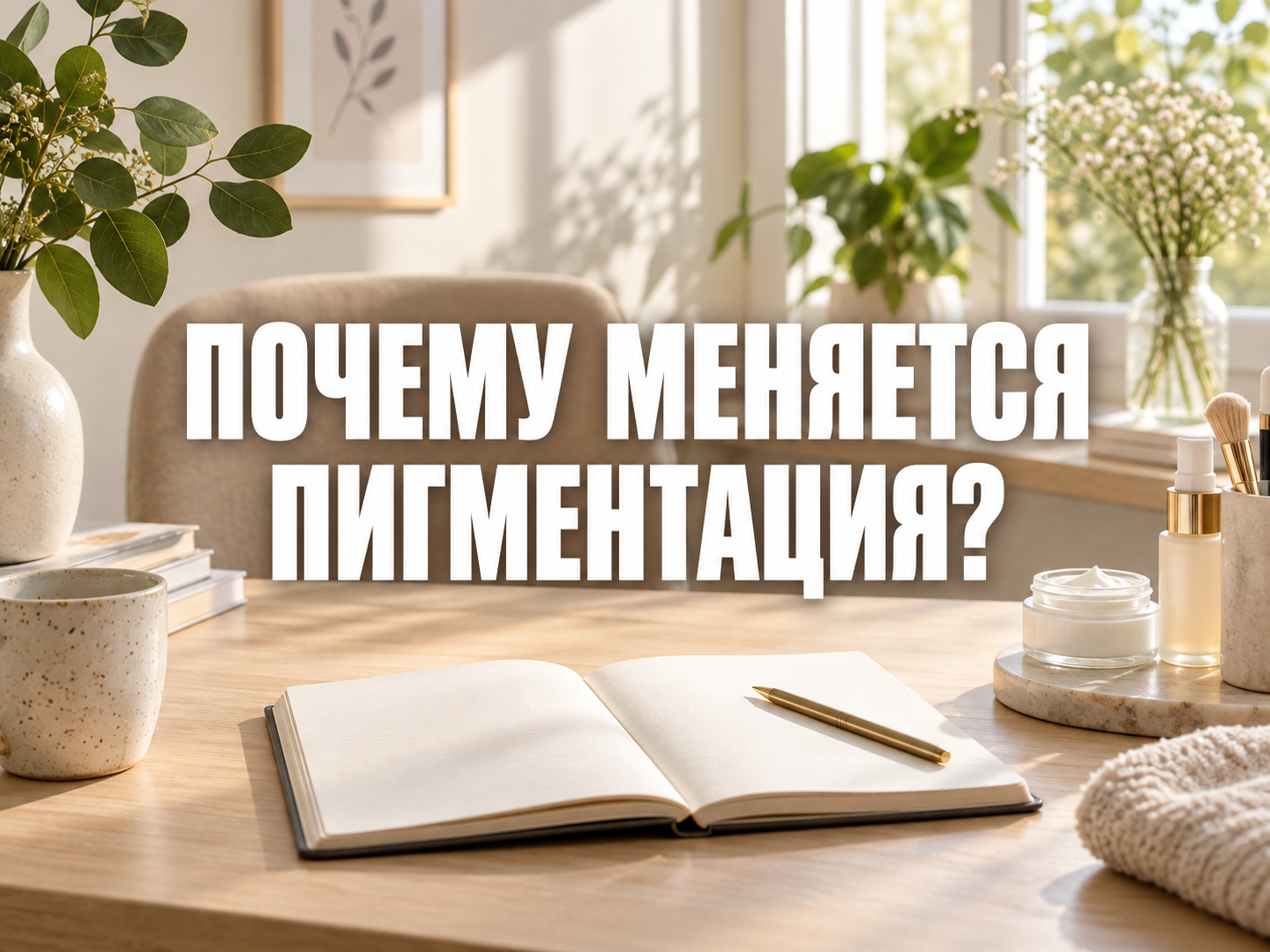 Редакционный образ консультации по возможным причинам пигментации кожи; центральная фраза: ПОЧЕМУ МЕНЯЕТСЯ ПИГМЕНТАЦИЯ?