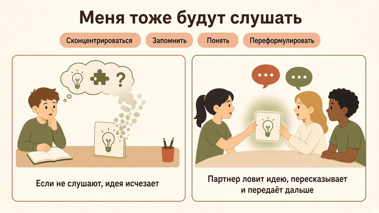 Если мысль не пересказывают, она исчезает; партнёр ловит идею и передаёт дальше
