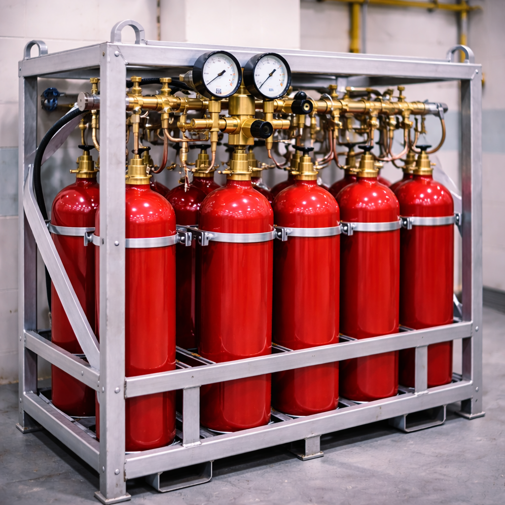 Конструкция газового моноблока с баллонами внутри металлической рамы, соединёнными трубопроводами, вентилями и распределительным коллектором.