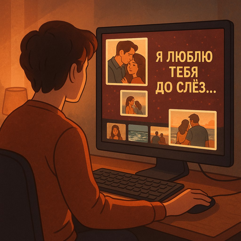Человек создает персональный караоке-клип из фото и видео на компьютере