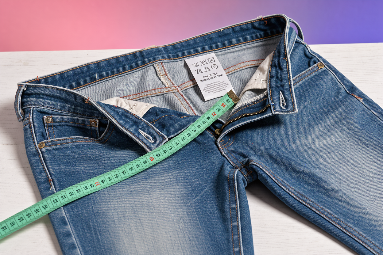 Pair of denim jeans turned inside out laid flat on a wooden table next to a care label and measuring tape, close-up on fabric texture and stitching