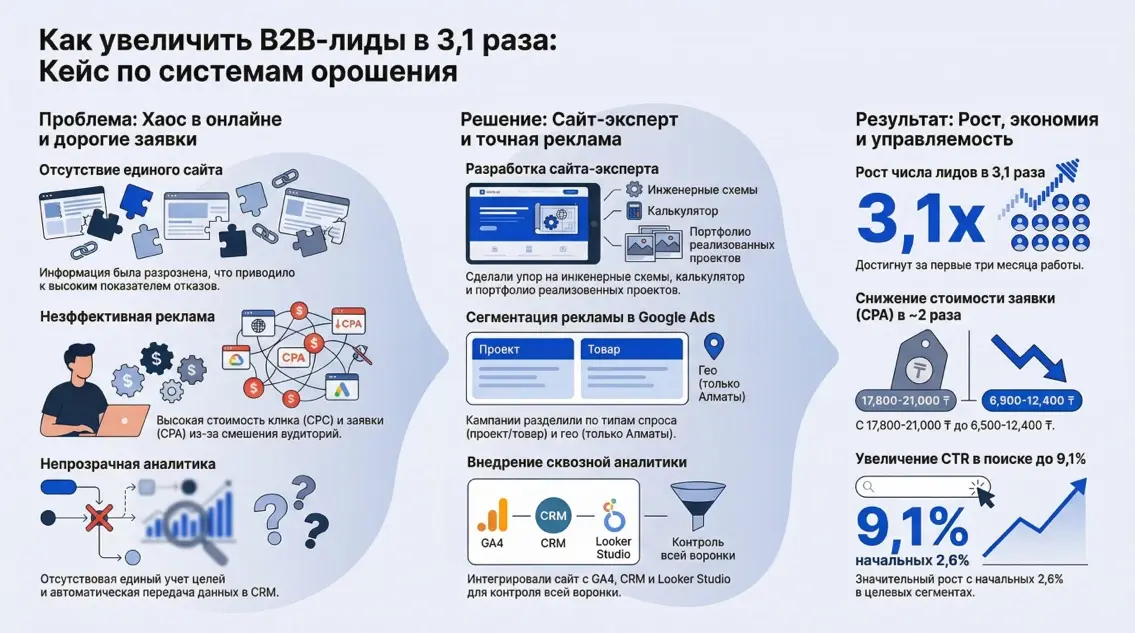 Инфографика: Как увеличить B2B-лиды в 3,1 раза: Кейс по системам орошения маркетингового агентства Метриум