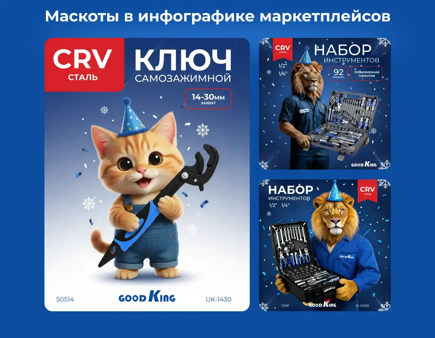 Маскоты в инфографике маркетплейсов: новогодние карточки товаров с ГудЛьвом и ГудКотом в праздничных колпаках