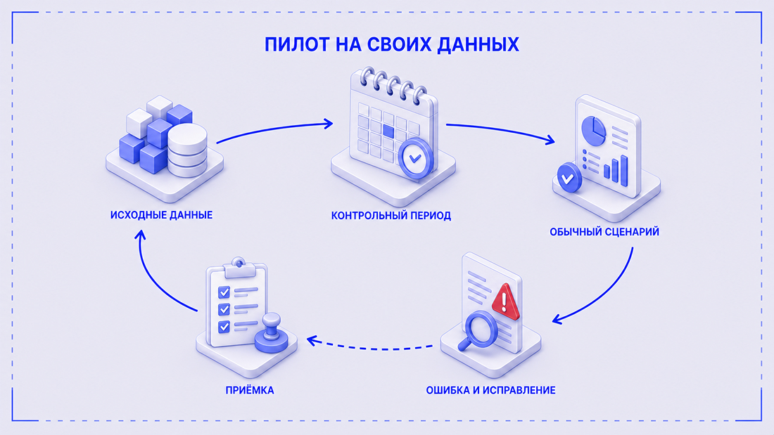 Цикл пилота программы на данных компании с проверкой ошибки и приёмкой.