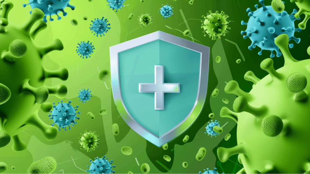 серебряный щит с медицинским крестом, окруженный синими и зелеными вирусными клетками на зеленом фоне