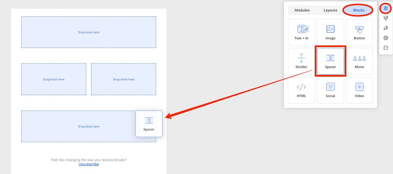 Drag and drop spacer block to your email