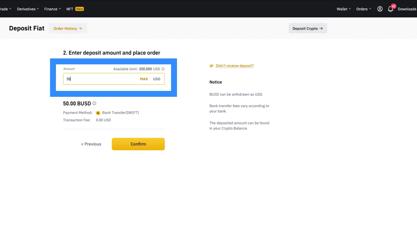 Binance web interface: the third step to buy BNB with Fiat