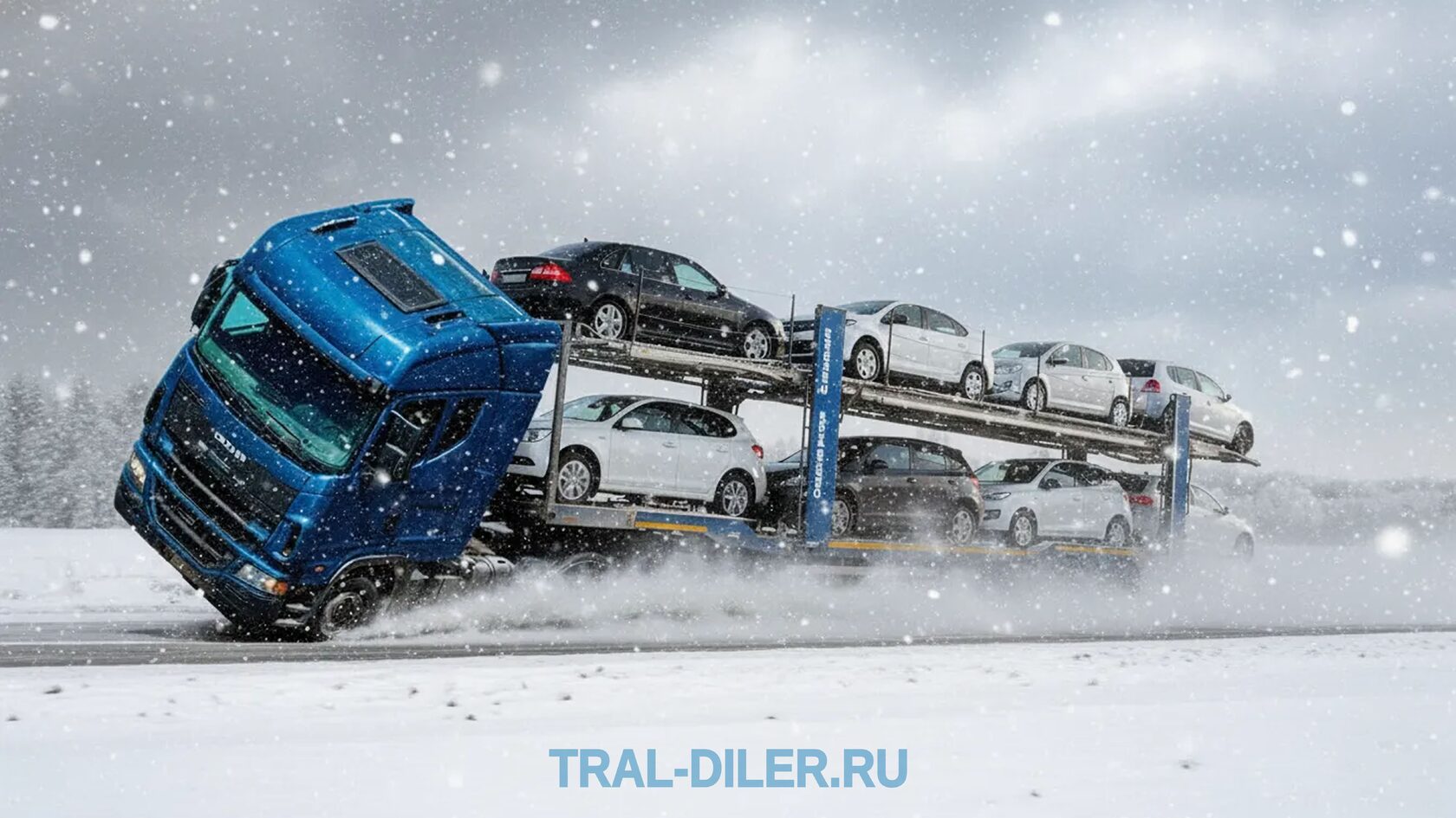 Тягач с автовозом заваливается набок зимой.