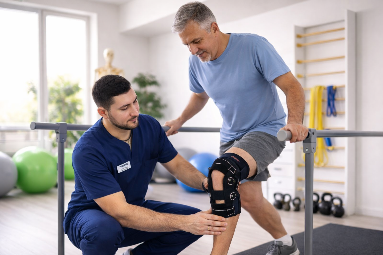Реабілітолог та пацієнт відновлюється коліно після операції.