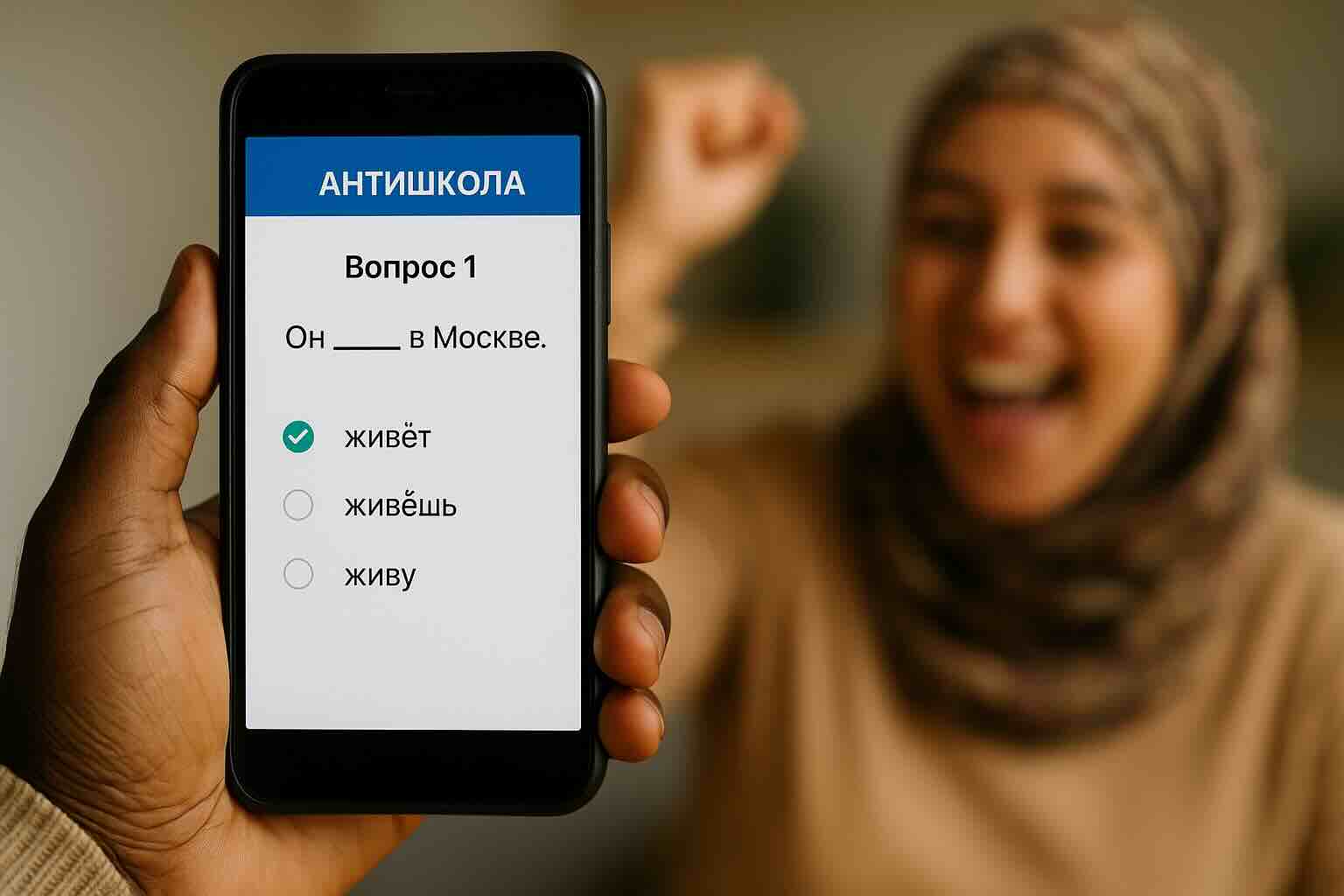 Мигрант радуется успешному завершению теста или обучения, смотрит на телефон с поздравлением.