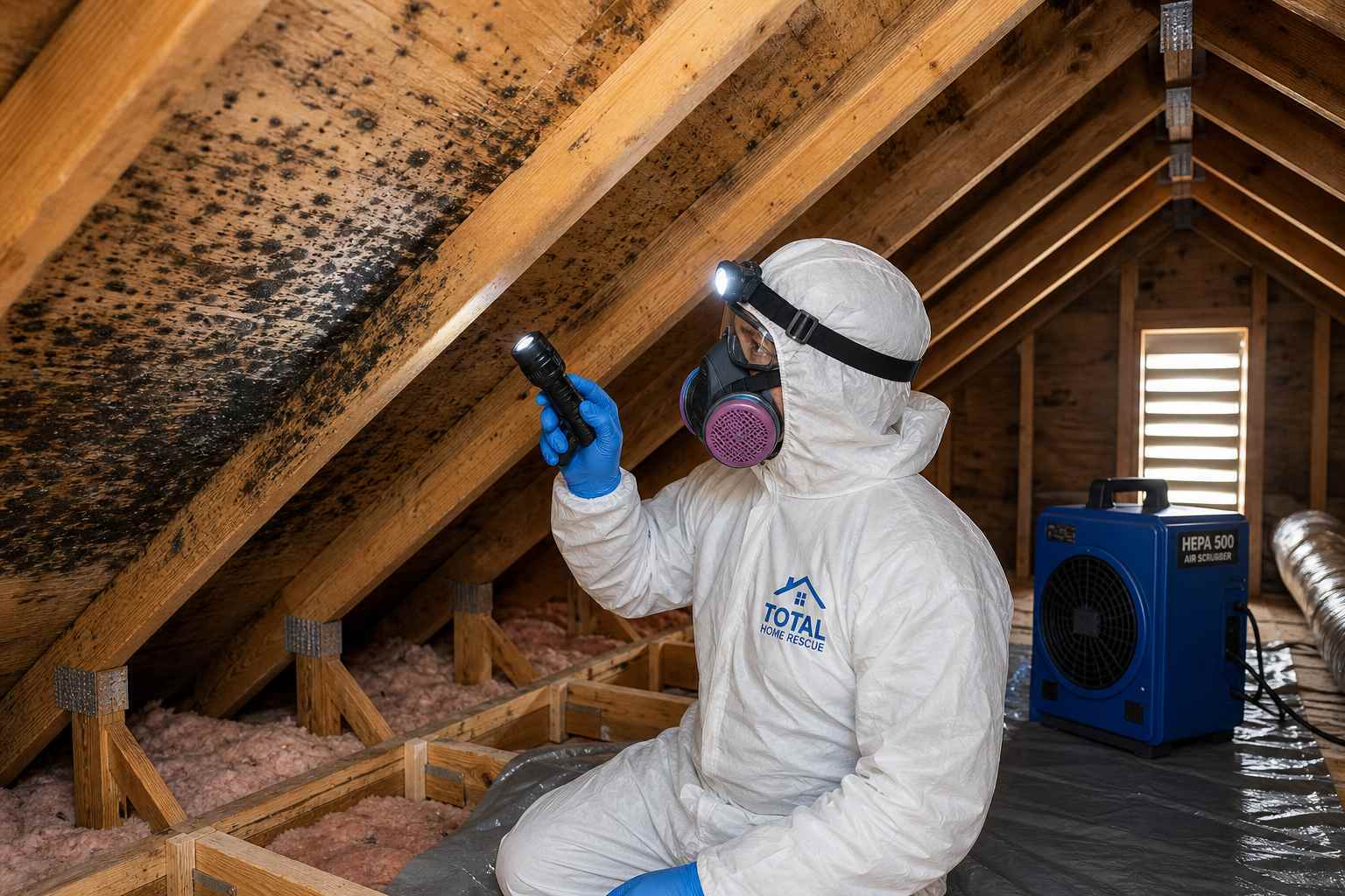Professional attic mold removal in Northern Virginia with mold on roof sheathing