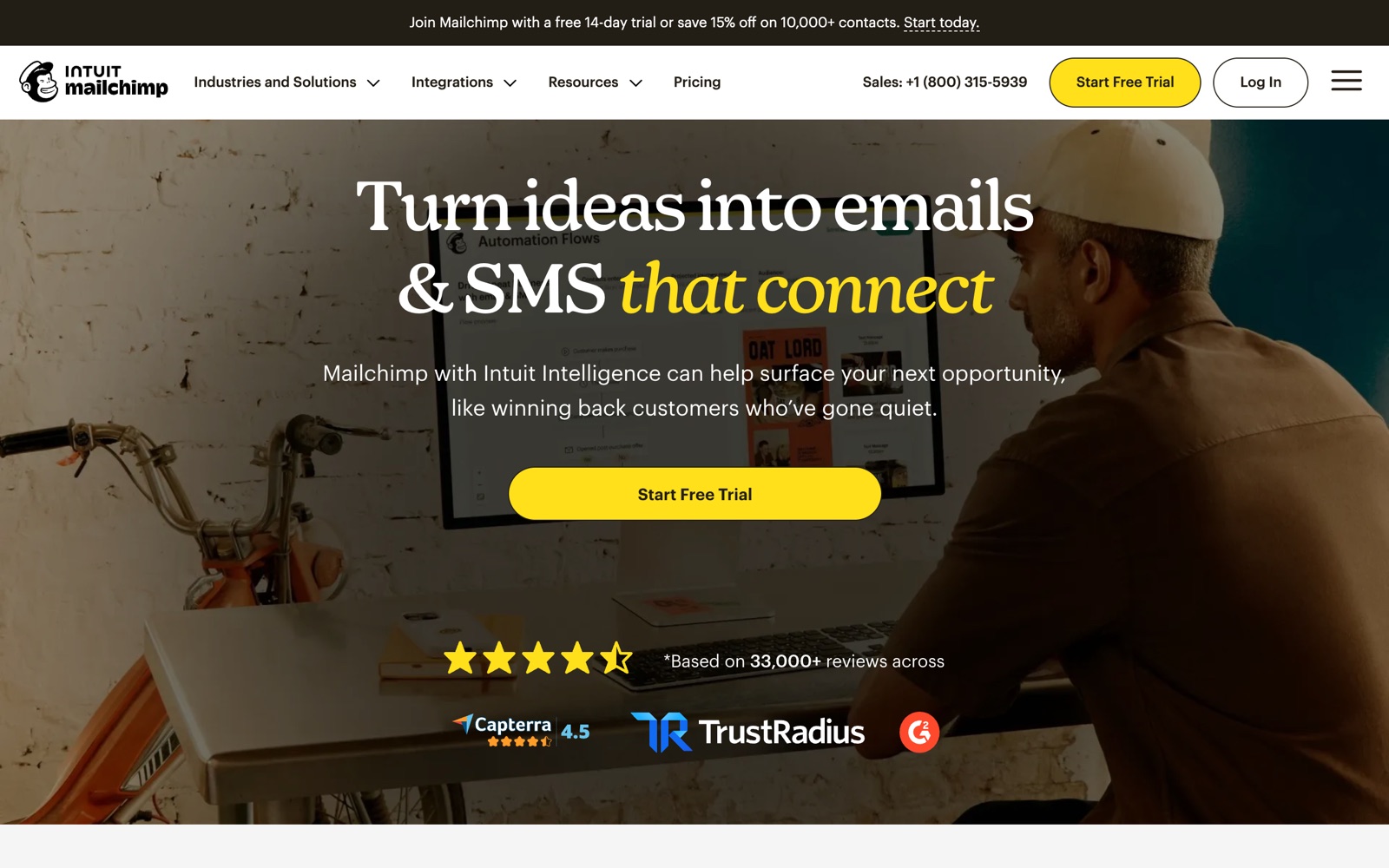 Mailchimp homepage screenshot: email and SMS marketing platform by Intuit