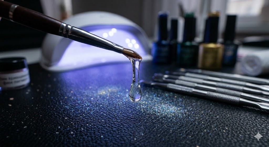 Капля прозрачного конструирующего геля на кисти мастера маникюра.