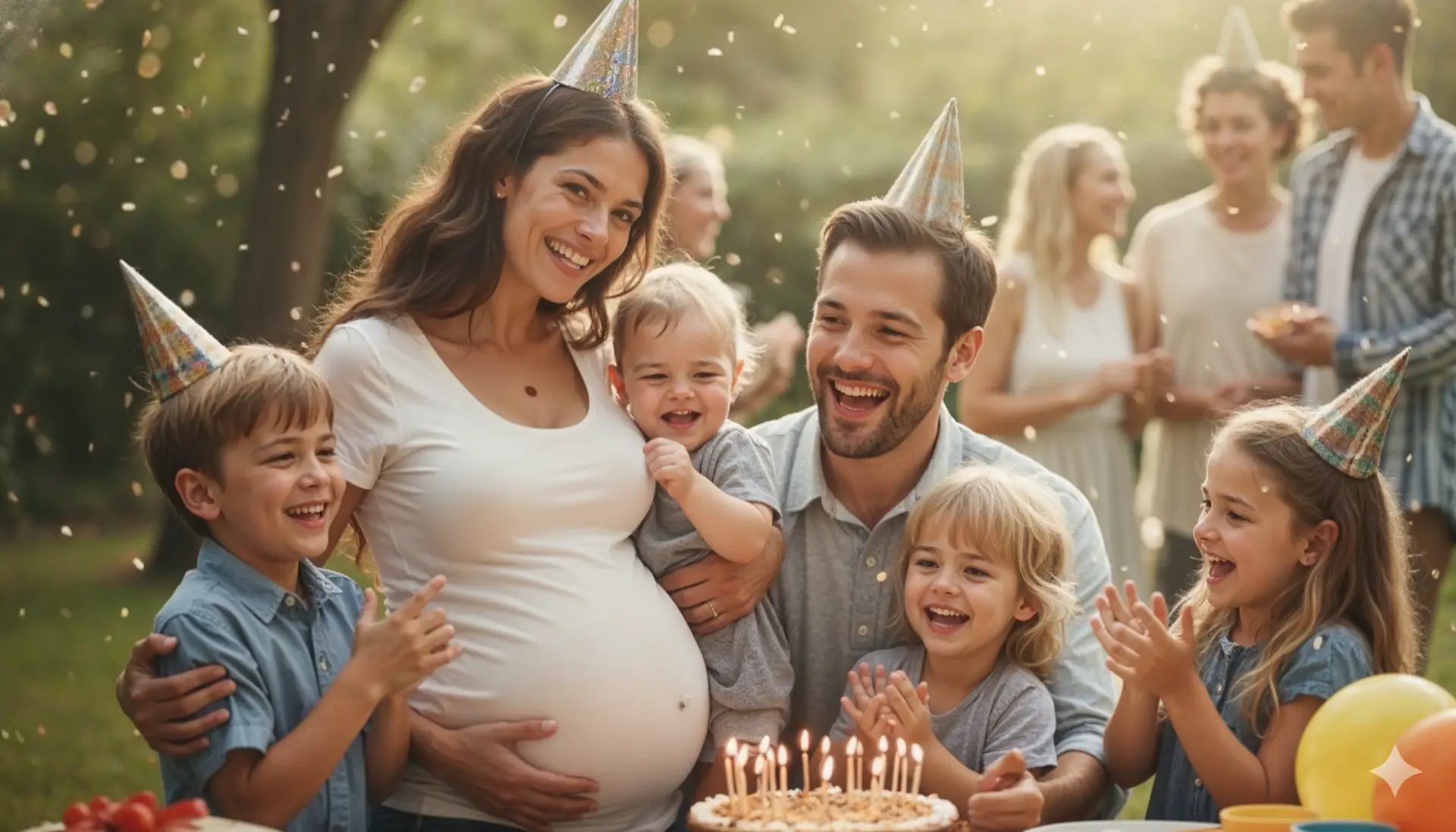 Муж и беременная жена (Анастасия) с тремя детьми обнимаются в теплом доме.