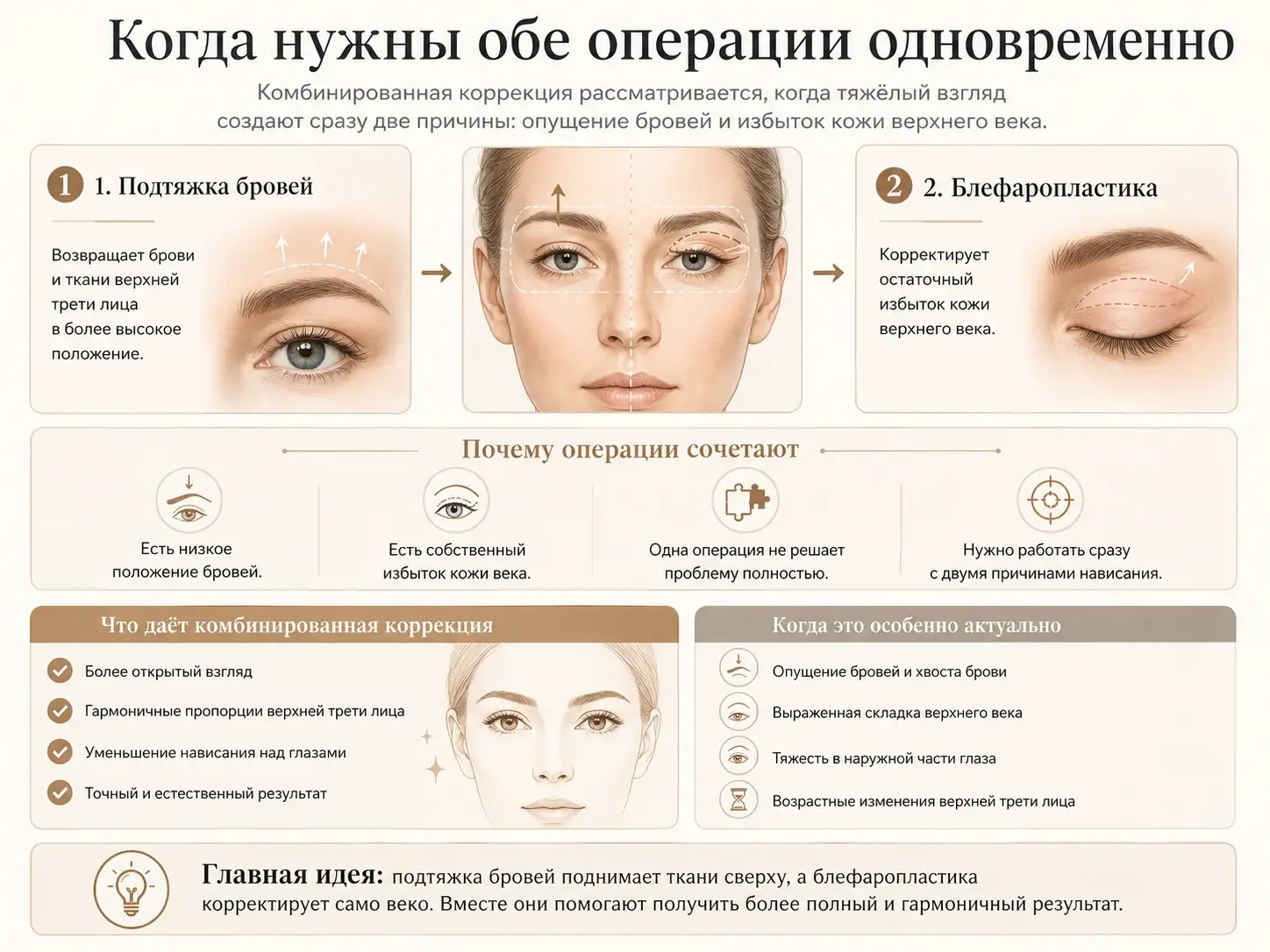 Когда нужны блефаропластика и подтяжка бровей одновременно