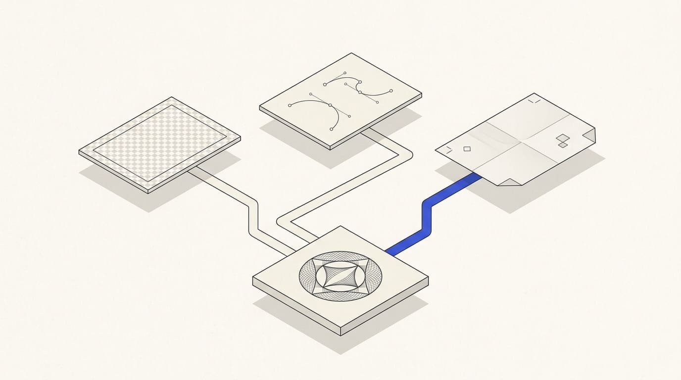 A geometric emblem linked to a transparent image, vector outline and print sheet.