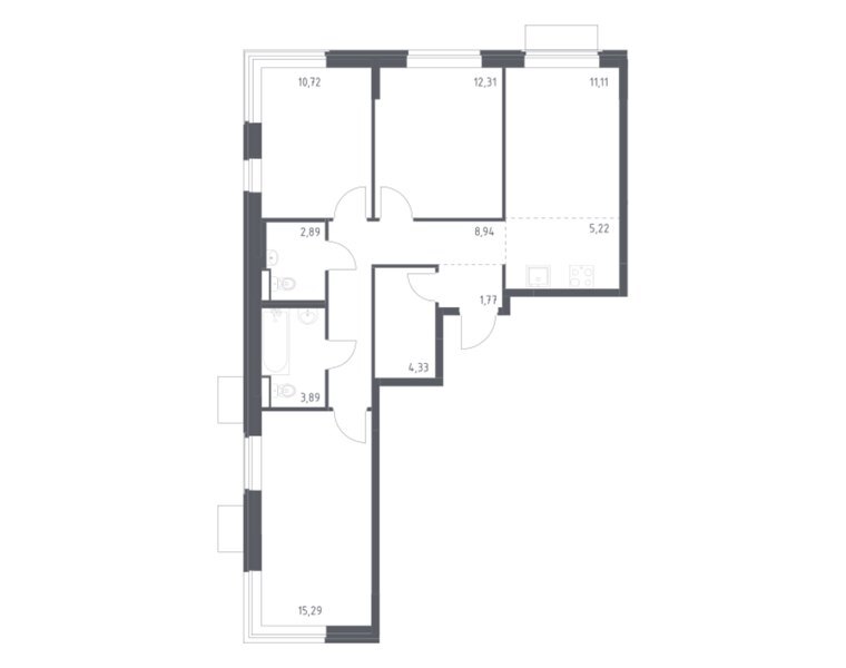 Планировка 3-комнатной квартиры 76,47 м² в ЖК «Квартал Западный»: корпус 10, секция 3, 3-й этаж