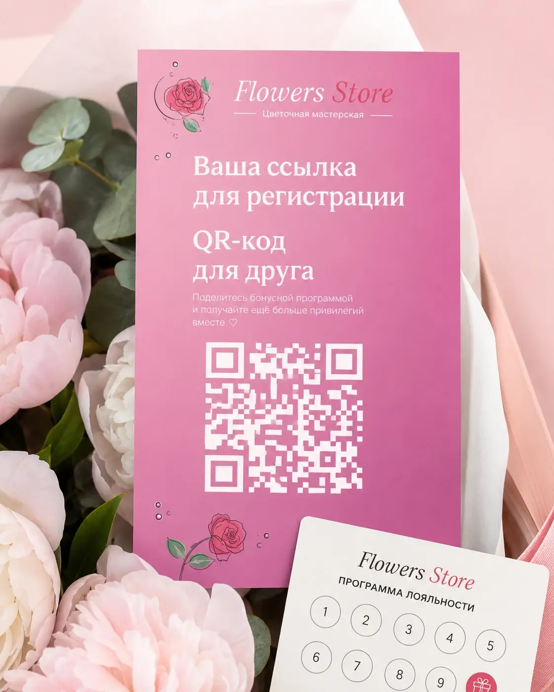 QR-код можно использовать не только в точке продаж, но и как вкладыш в упаковку, букет или подарочный заказ