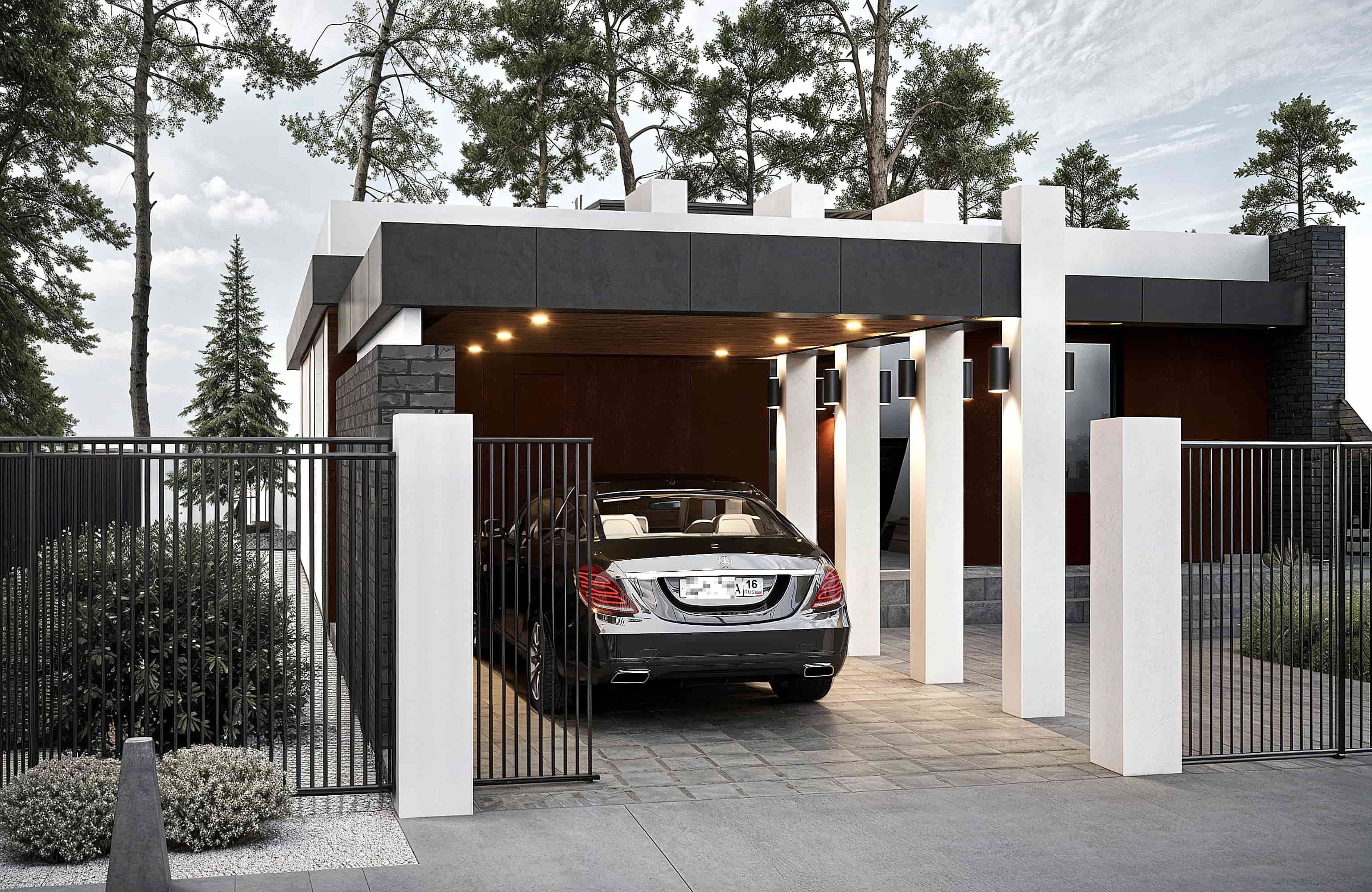 Ресепшн из керамогранита, бетонная стойка с статуэткой из нержавеющей стали