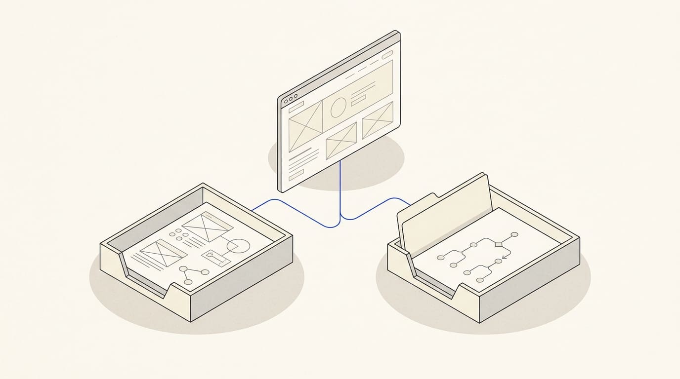 A company website connected to technical documents and a proposal folder with a decision diagram.