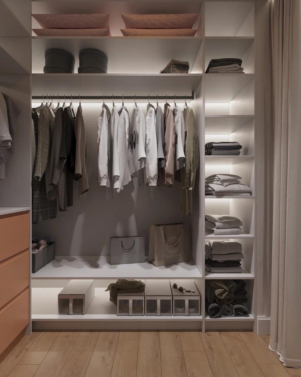 Гардеробная со светодиодной подсветкой полок