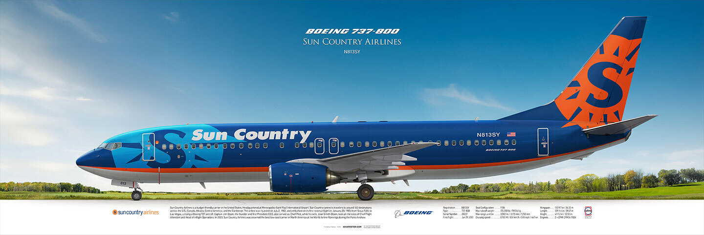 Плакат с профилем авиалайнера на фоне пейзажа, Boeing 737-800, Sun Country Airlines