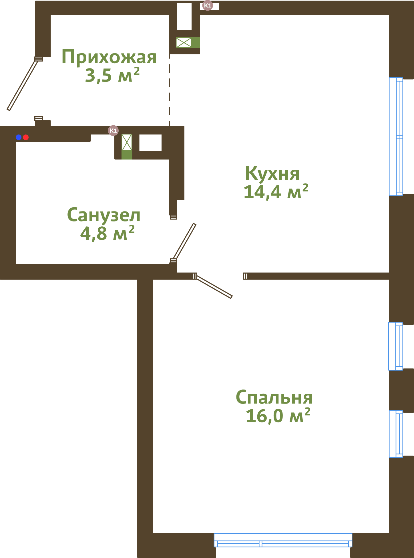 Планировка 1-комнатной квартиры 38,70 м²