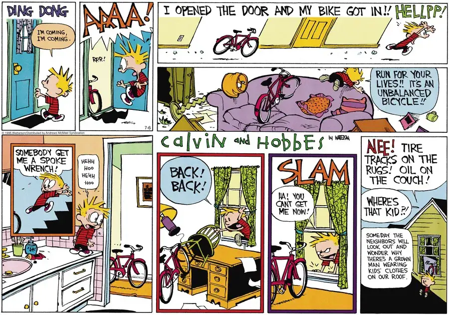 Комикс Calvin and Hobbes: мальчик убегает от велосипеда, который будто ожил — пример юмористического комикса на английском языке