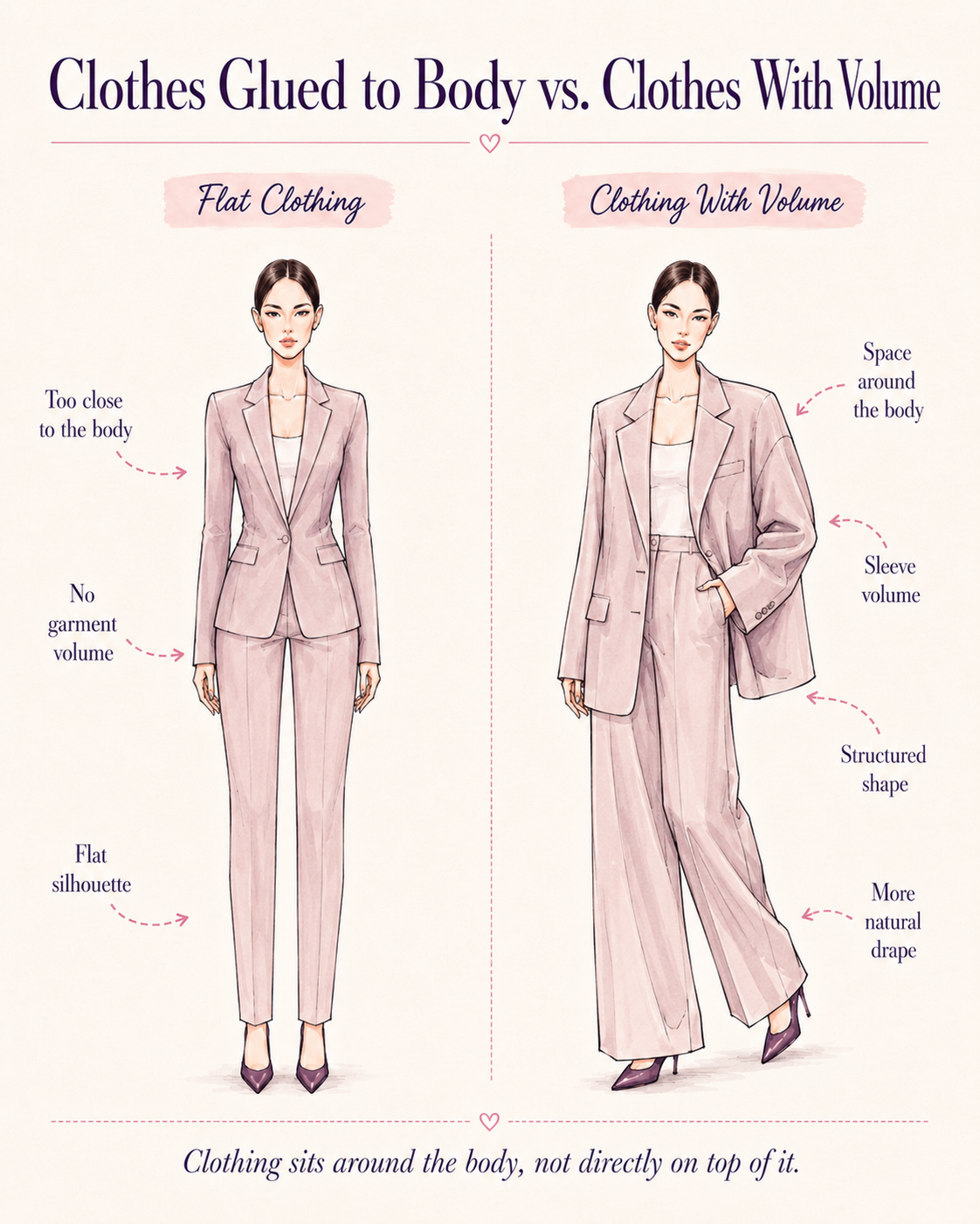 Flat clothing sketch compared with fashion sketch showing garment volume