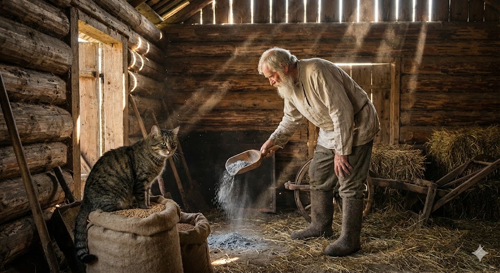 Обряд посыпания золой углов амбара на Трифона-мышегона для защиты от грызунов